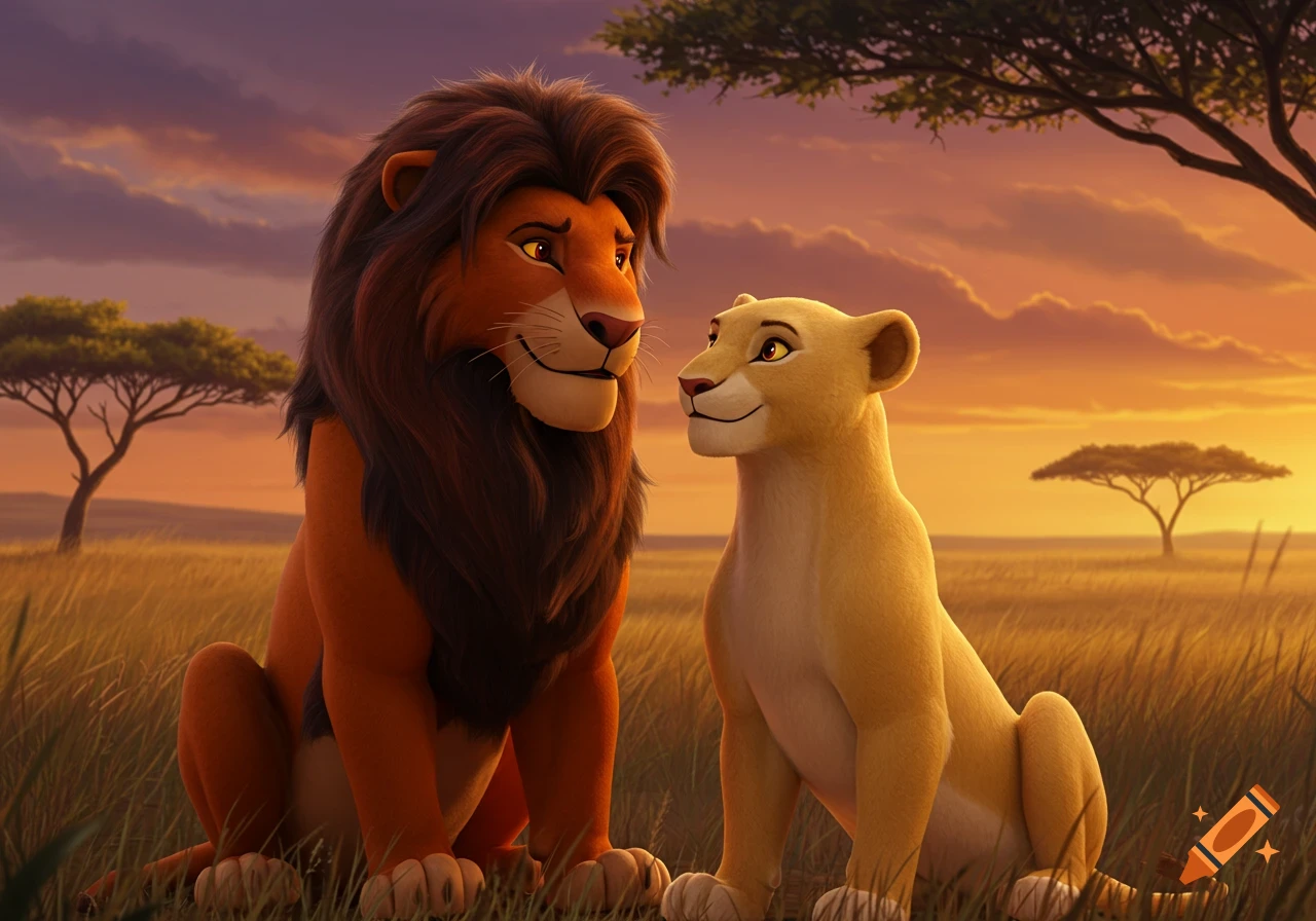 Two cartoon lions, a male with a dark mane and a light golden female, sit lovingly in a savanna at sunset, resembling characters from The Lion King.