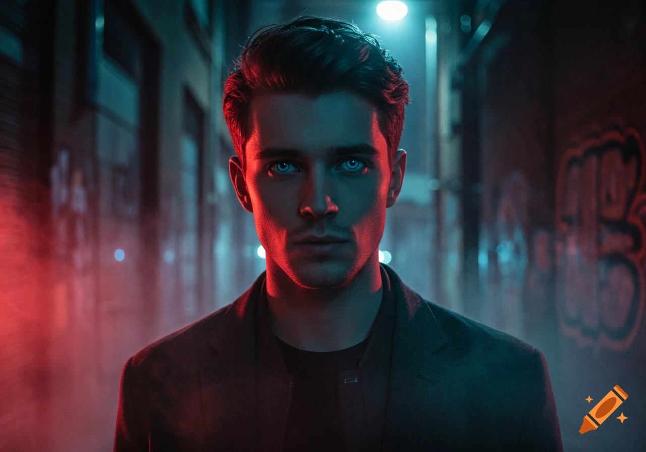 Close-up portrait of a man with intense glowing blue eyes in a dark urban alley lit by red and blue neon lights.