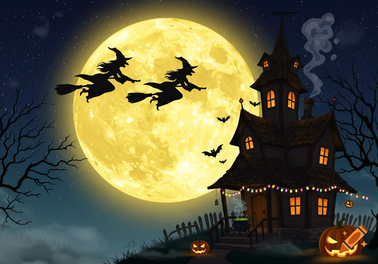 Cartoon illustration of two witches flying on brooms against a large yellow full moon, above a Halloween-decorated haunted house.