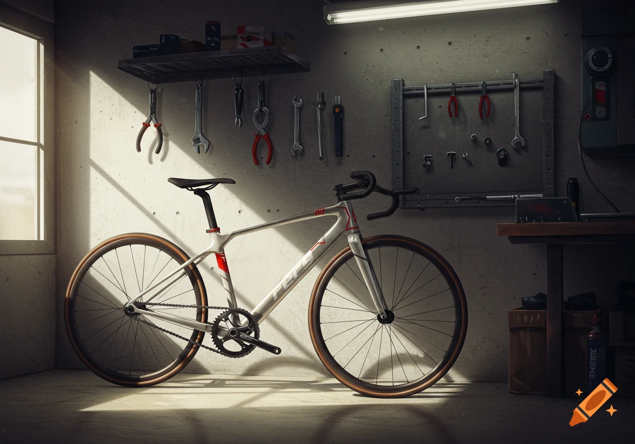 A white racing bicycle with brown tires stands in a sunlit workshop, with tools neatly hung on concrete walls.