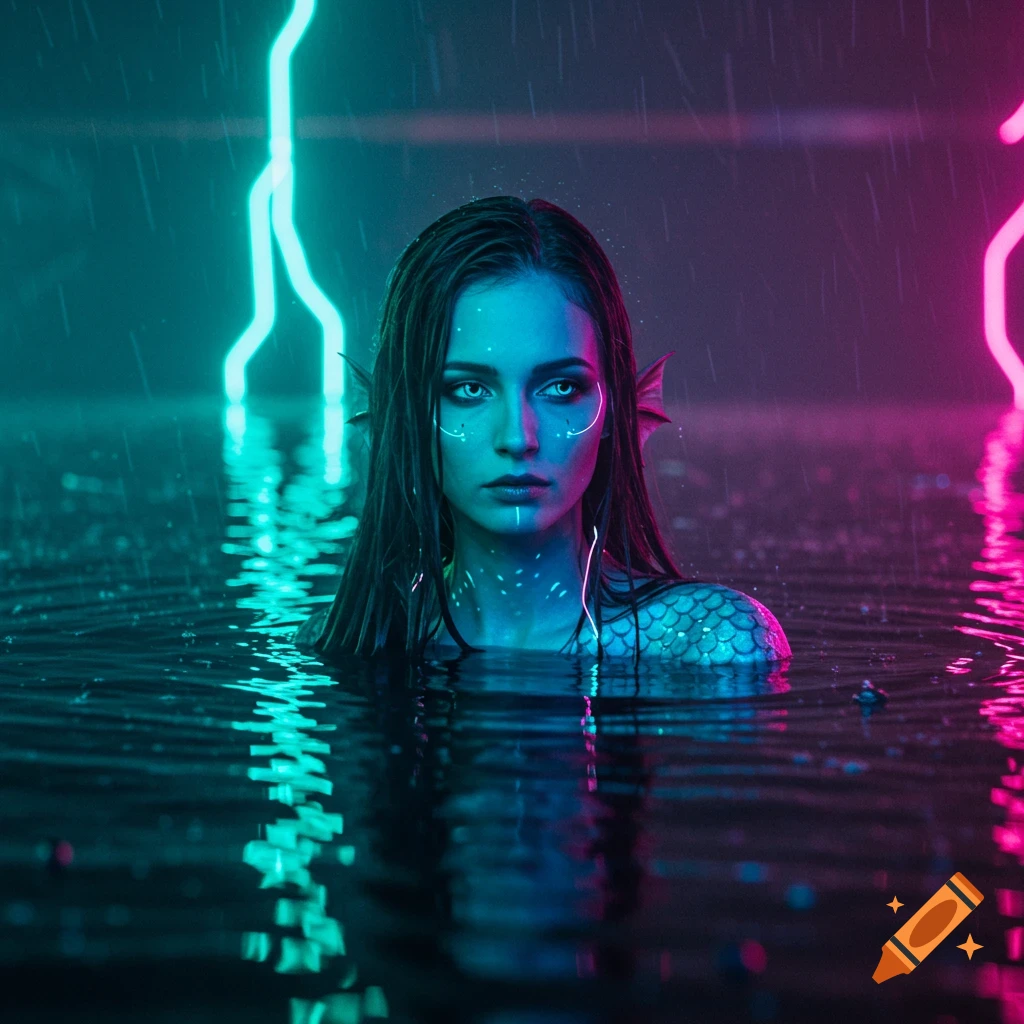 Photorealistic cyberpunk mermaid with glowing skin and fins, partially submerged in neon-lit water under falling rain.