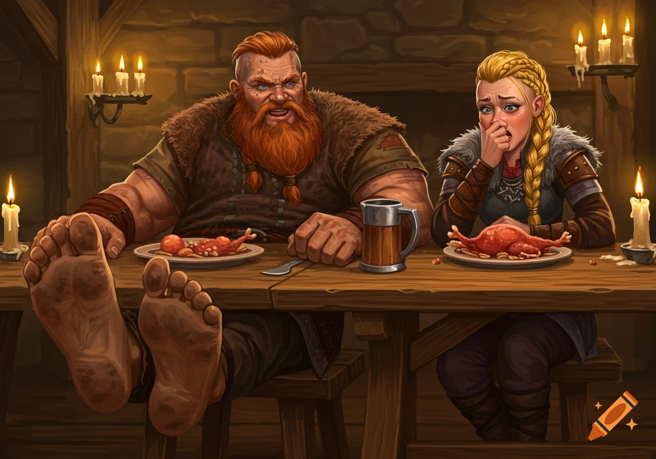 A broad male Viking with dirty bare feet on a tavern table, beside a disgusted female Viking covering her nose from the stench.