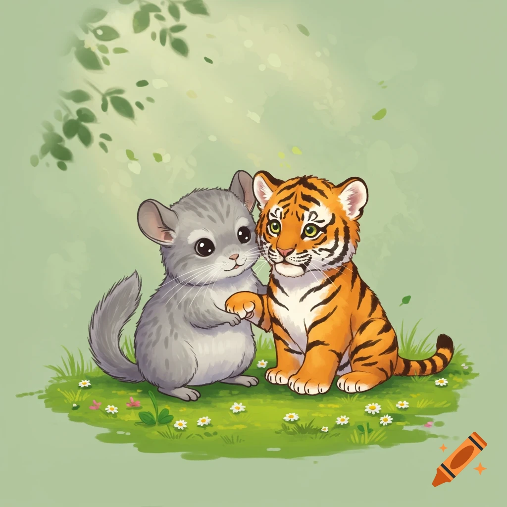 A cute cartoon gray chinchilla and an orange tiger cub holding paws while sitting in a green grassy field with flowers.
