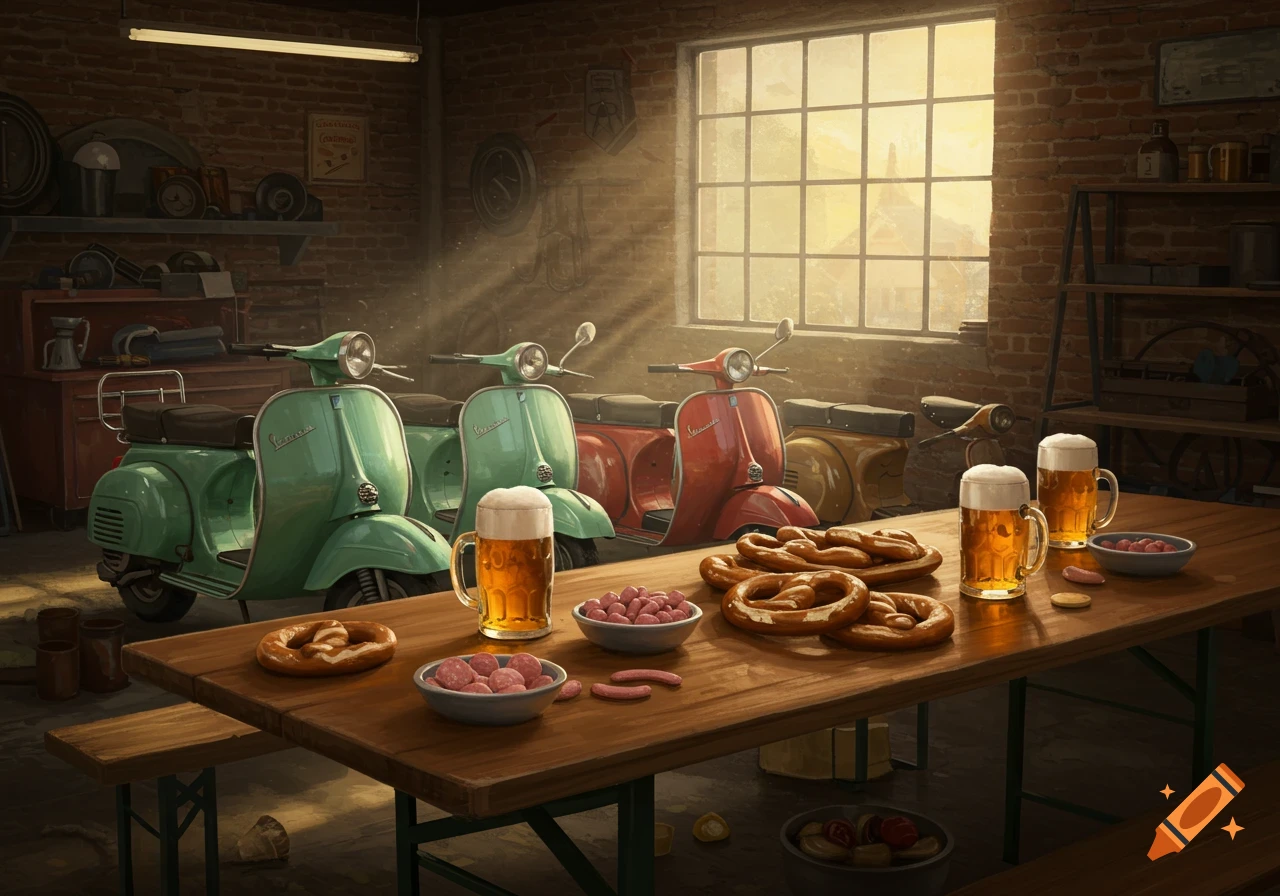 A vintage Vespa garage with several scooters, a table laden with beer mugs, pretzels, and sausages, bathed in golden sunlight.