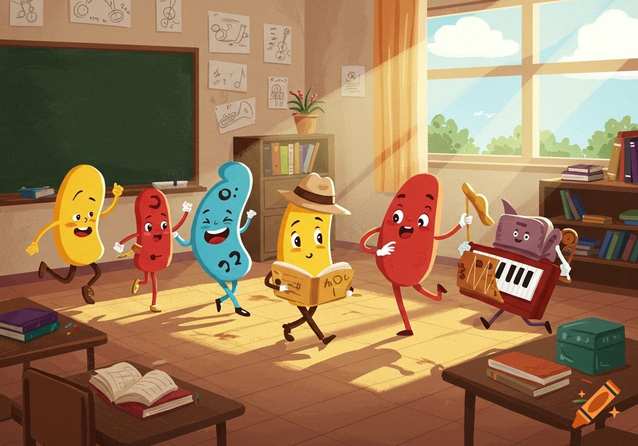 Cartoon musical note characters in a vibrant classroom. One character reads a book, another plays a keyboard, while others dance. Musical notation is drawn on a blackboard and posters.