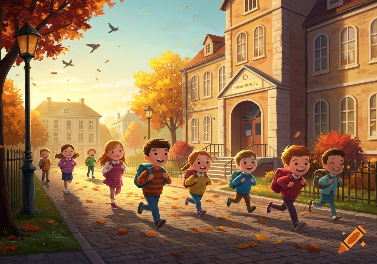 Cartoon children with backpacks run happily on a sunlit cobblestone path past a school building surrounded by autumn trees.