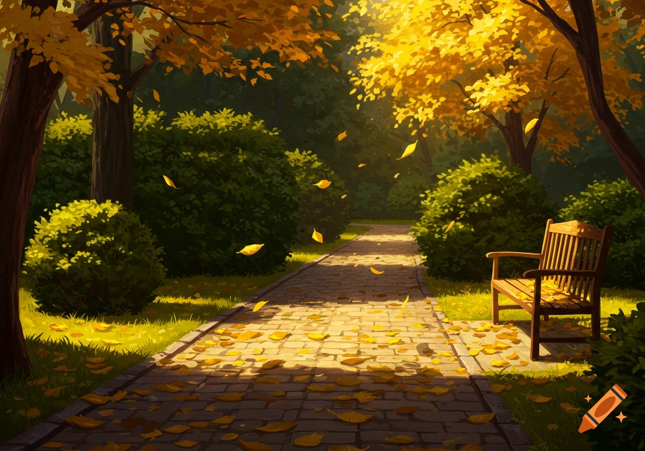 A stylized illustration of an autumn park with a path covered in yellow leaves, sunlit trees, and a wooden bench.