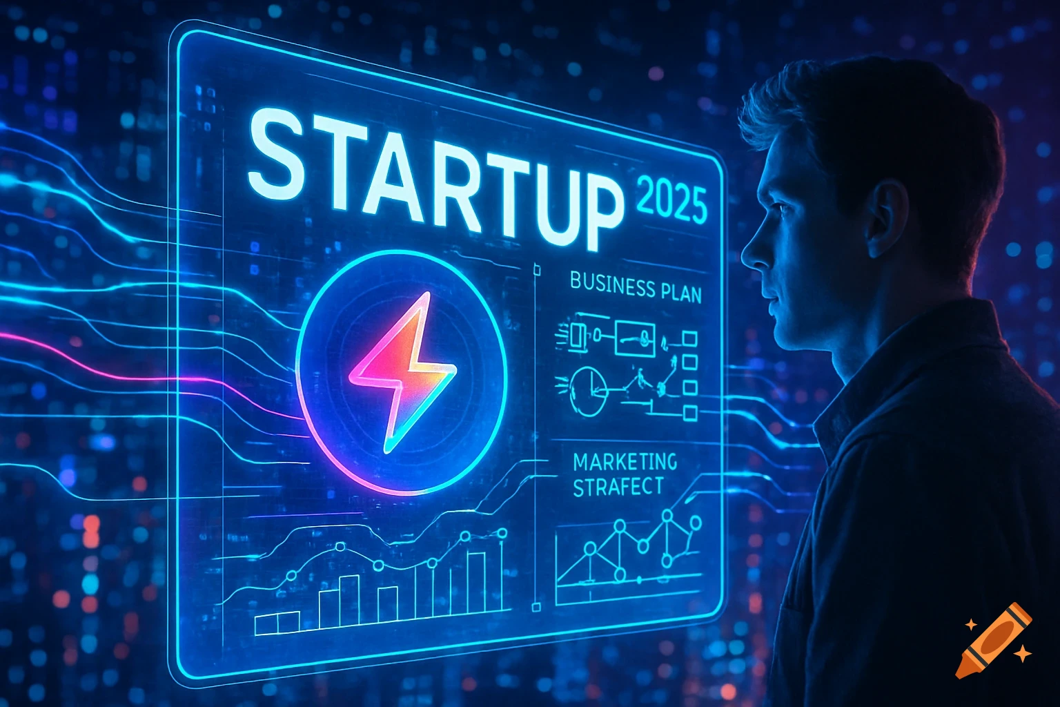 A man in profile looks at a glowing blue futuristic digital screen displaying "STARTUP 2025," a lightning bolt logo, "BUSINESS PLAN," "MARKETING STRAFECT," and various graphs and charts on a dark, circuit-like background.