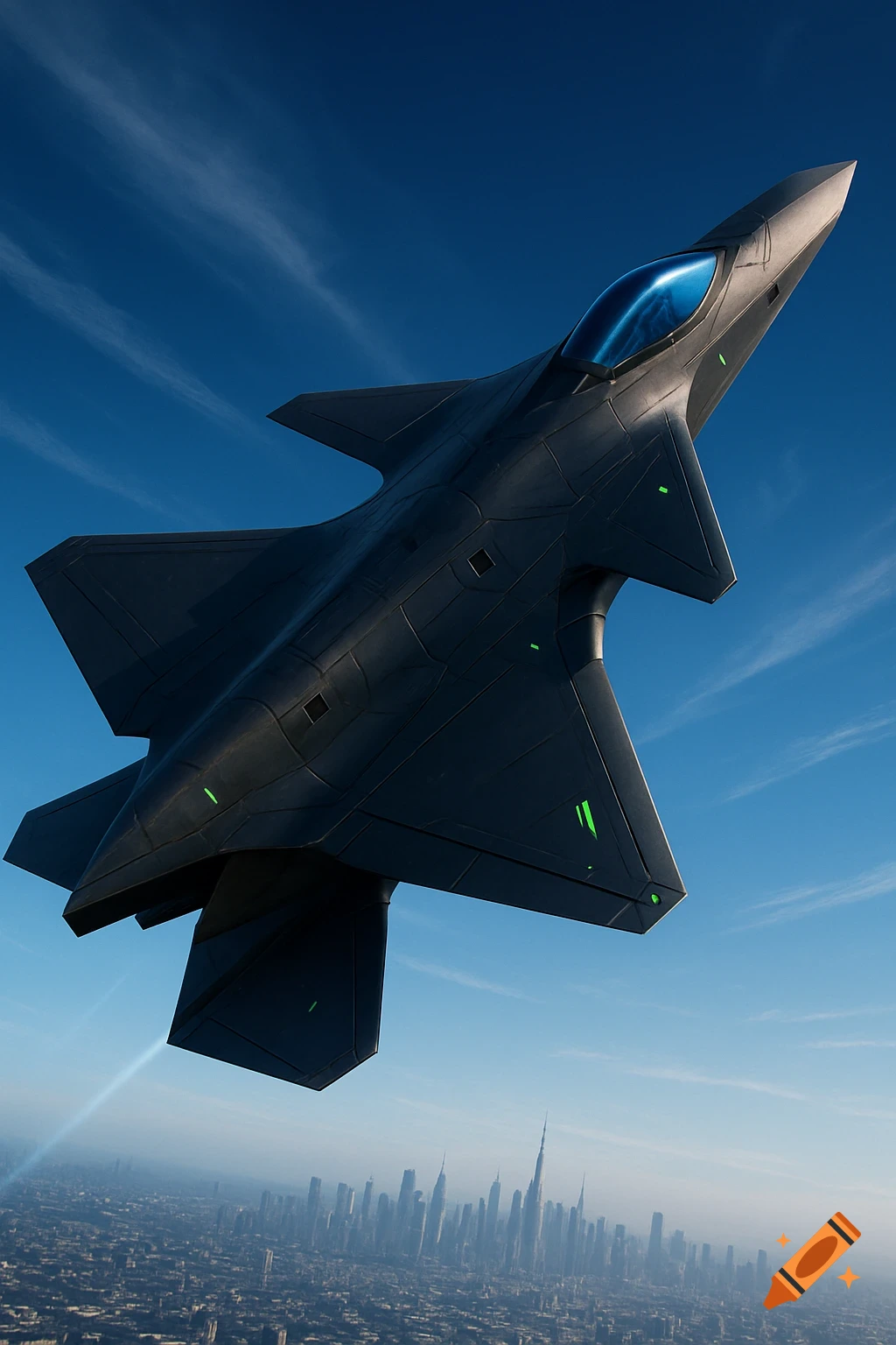 A dark, futuristic fighter jet with green lights flies above a sprawling city skyline under a blue sky.