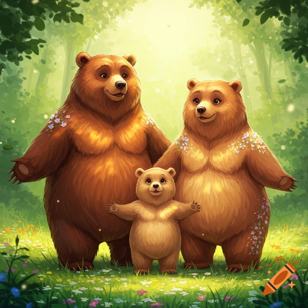 A whimsical family of three brown bears, a dad, a mom, and a baby, stand in a lush, sunlit green forest with wildflowers.