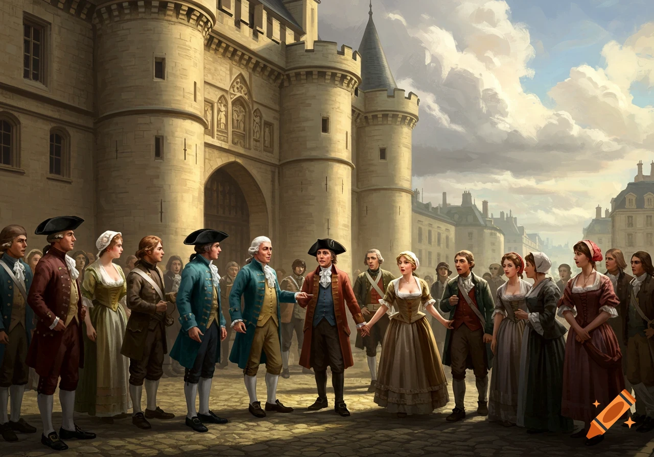 A large group of people in 18th-century clothing stand on a cobblestone street in front of a grand stone fortress.