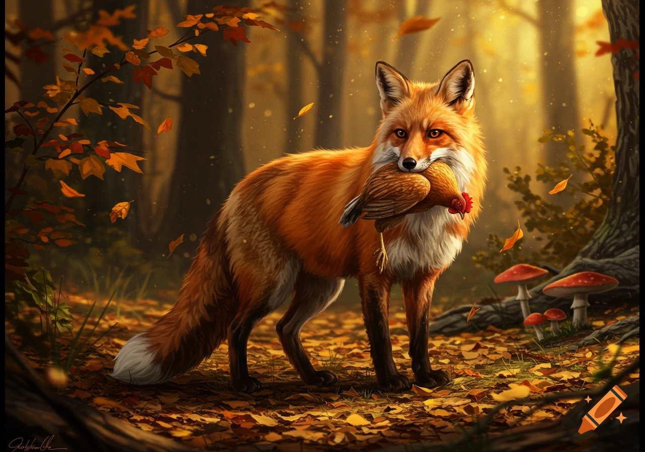 Digital painting of a red fox holding a chicken in its mouth, standing in an autumn forest with falling leaves and mushrooms.