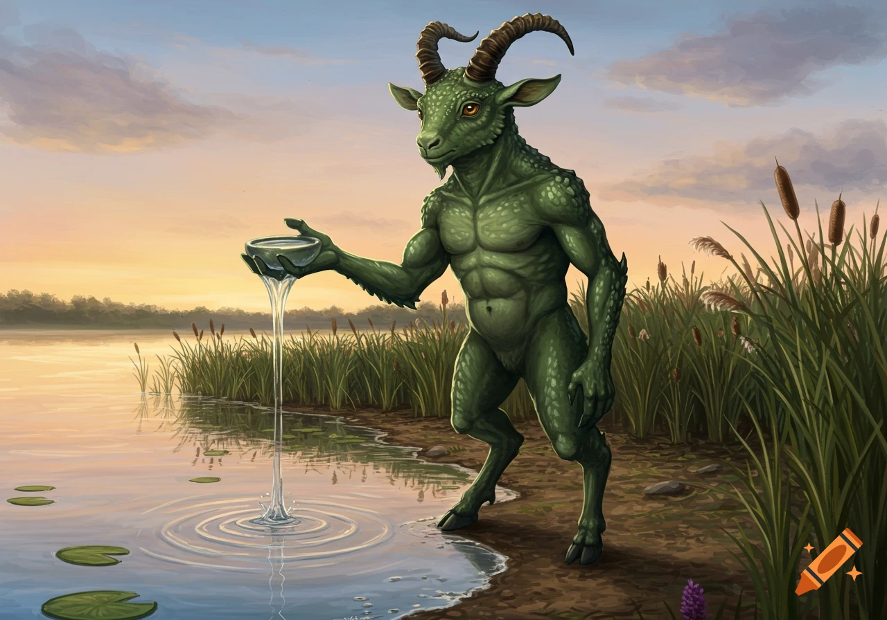 A muscular, green, goat-like fantasy creature pouring water from a bowl into a serene lake at sunset, surrounded by reeds.