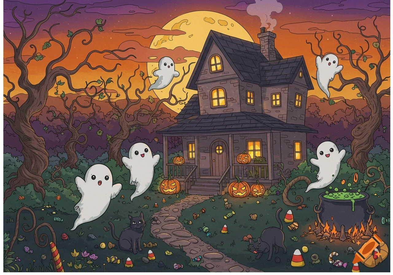 Cartoon Halloween scene with a haunted house, cute ghosts, black cats, pumpkins, scattered candy, and a full moon.