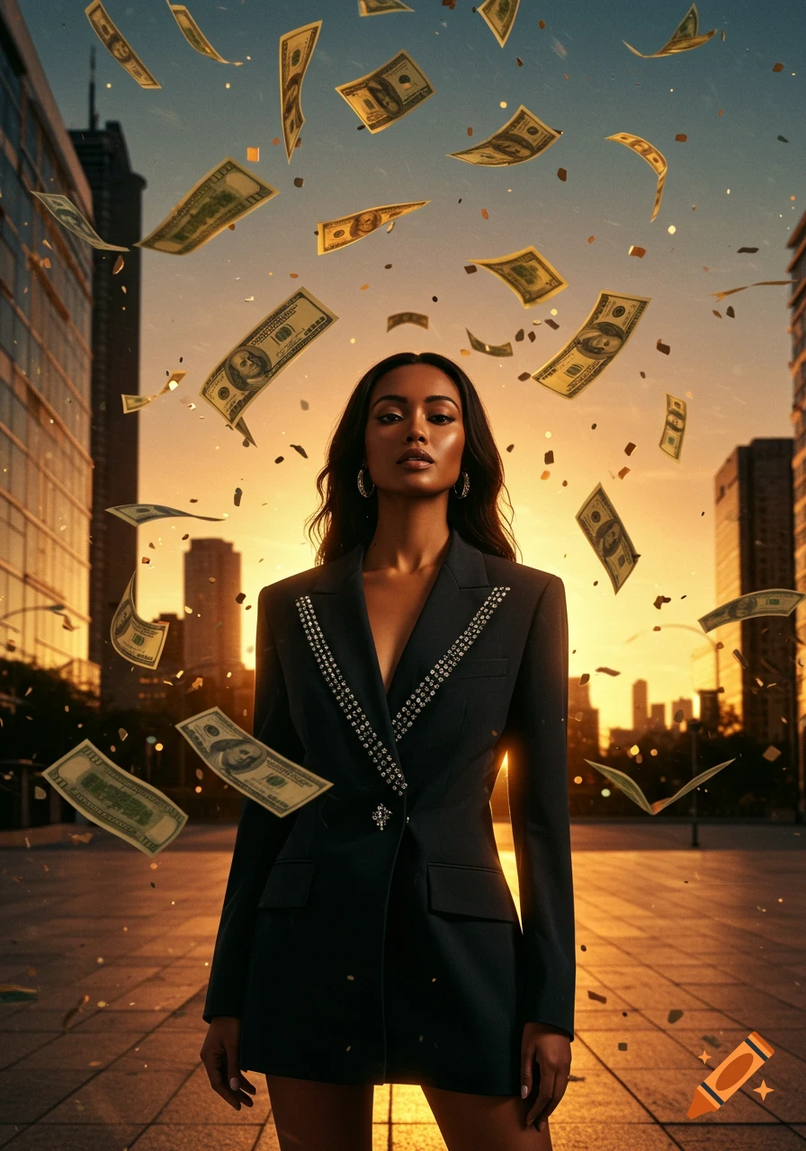 A photorealistic image of a woman in a black blazer standing in a city at sunset with dollar bills raining down around her.