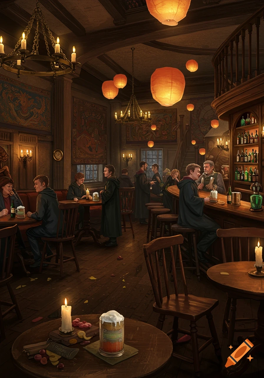 A bustling, dimly lit fantasy-style pub with patrons in robes, lit by candles and orange paper lanterns. A bar and tables are filled with drinks.