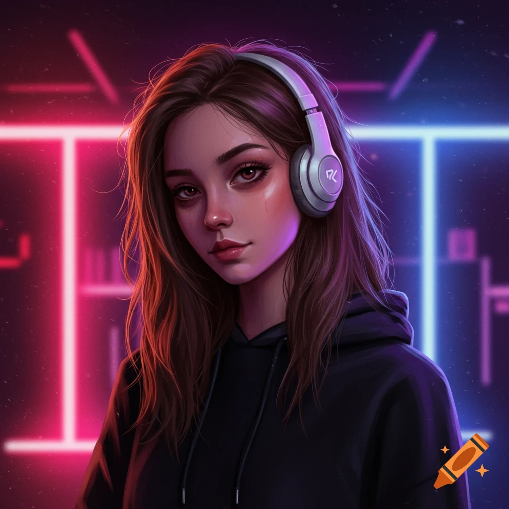 A semi-realistic girl with long brown hair wears white headphones and a black hoodie, illuminated by pink and blue neon lights.