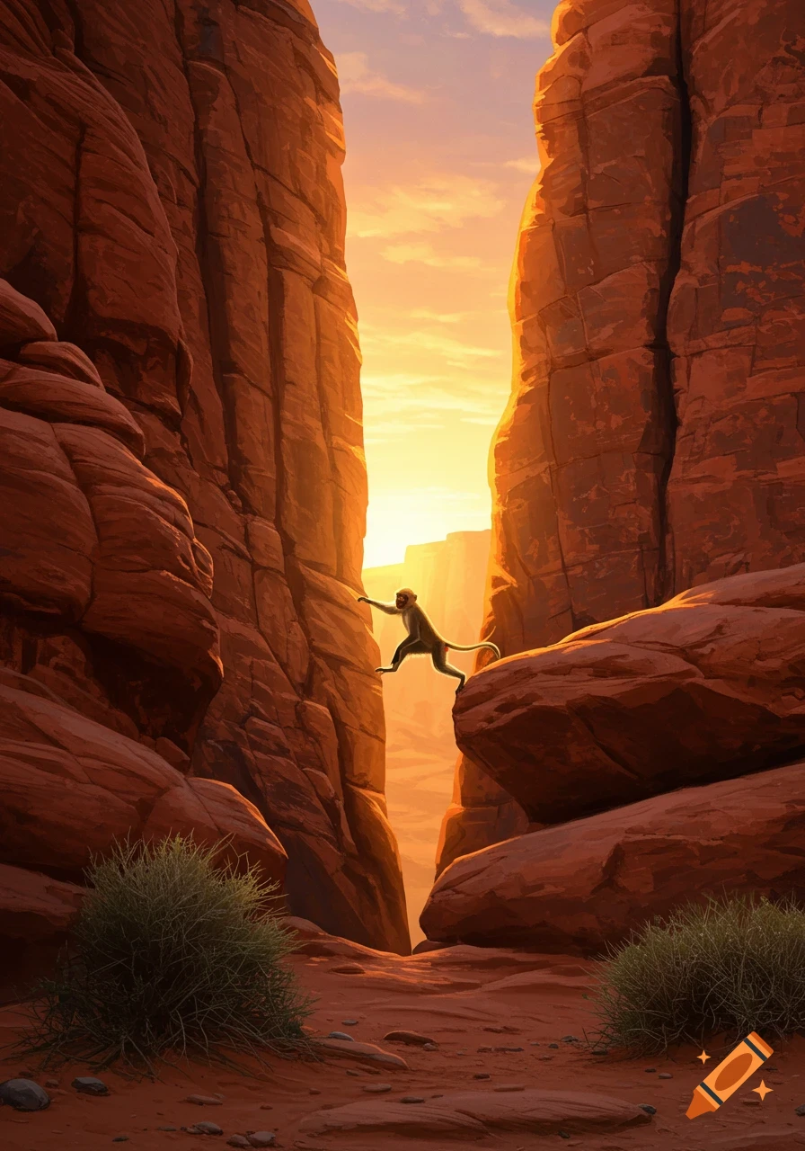 A monkey leaps between towering red sandstone cliff faces in a desert canyon at sunset.