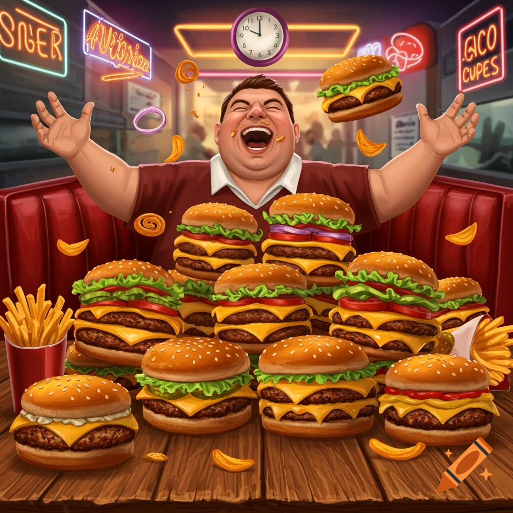 A happy, overweight man with his arms raised, surrounded by numerous burgers and a cup of fries, in a diner setting with neon signs.