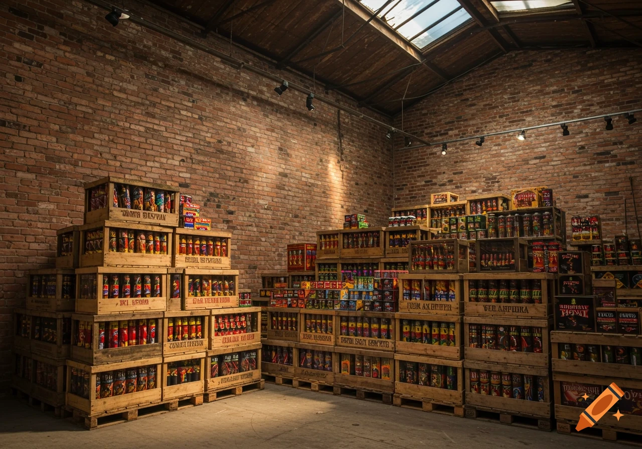 A large indoor brick warehouse filled with tall stacks of wooden crates containing colorful fireworks, under a skylight.