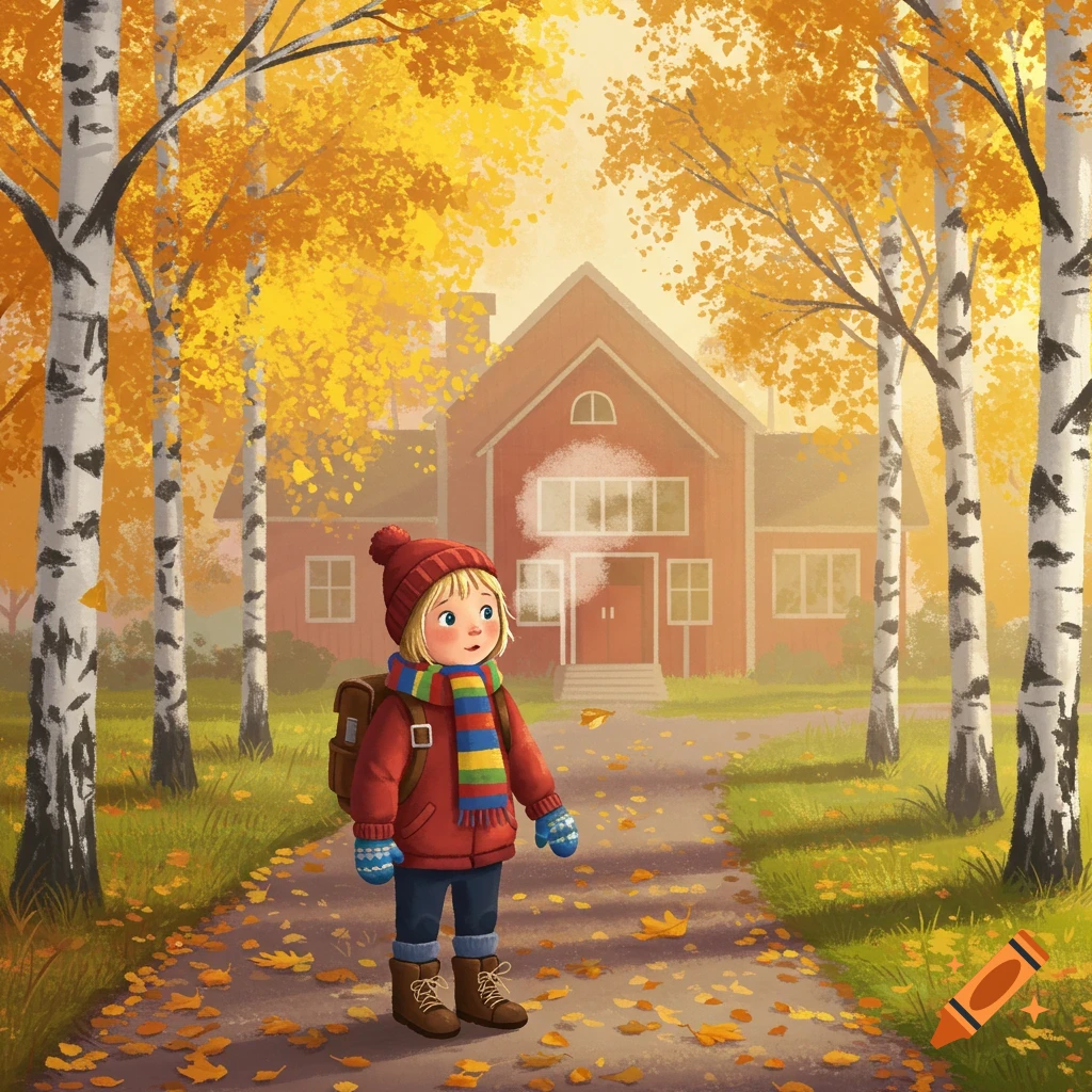 A child in a red jacket and hat with a backpack walks on a leaf-covered path towards a red house, surrounded by yellow birch trees.