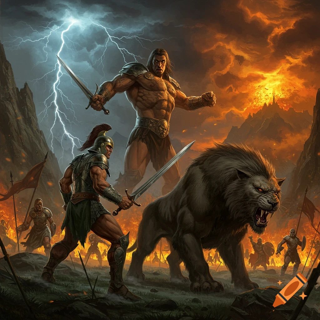 Muscular warriors and a large roaring lion-like creature stand on a battlefield under a stormy sky with lightning and fire.