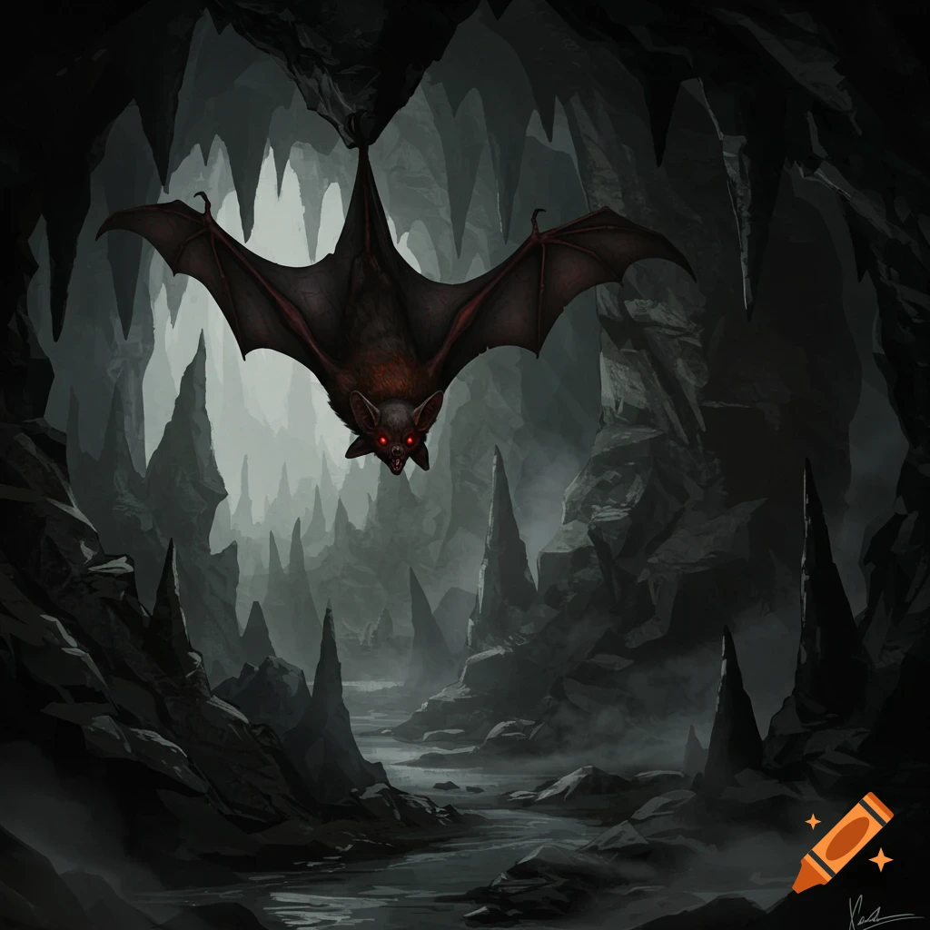 A dark fantasy illustration of a scary bat with glowing red eyes flying in an eerie, misty cave filled with jagged rock formations.