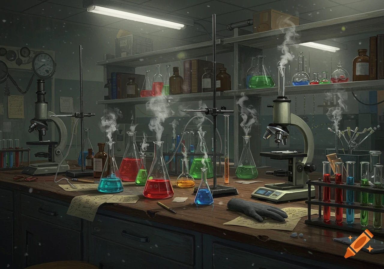 A messy chemical research lab bench filled with beakers, flasks with colorful liquids, microscopes, and papers, under bright fluorescent lights.