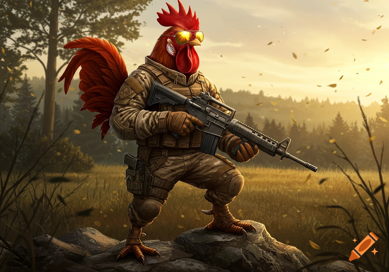 A tactical rooster wearing a multicam military uniform and aviator sunglasses, holding an M4 rifle in a forest at sunset.