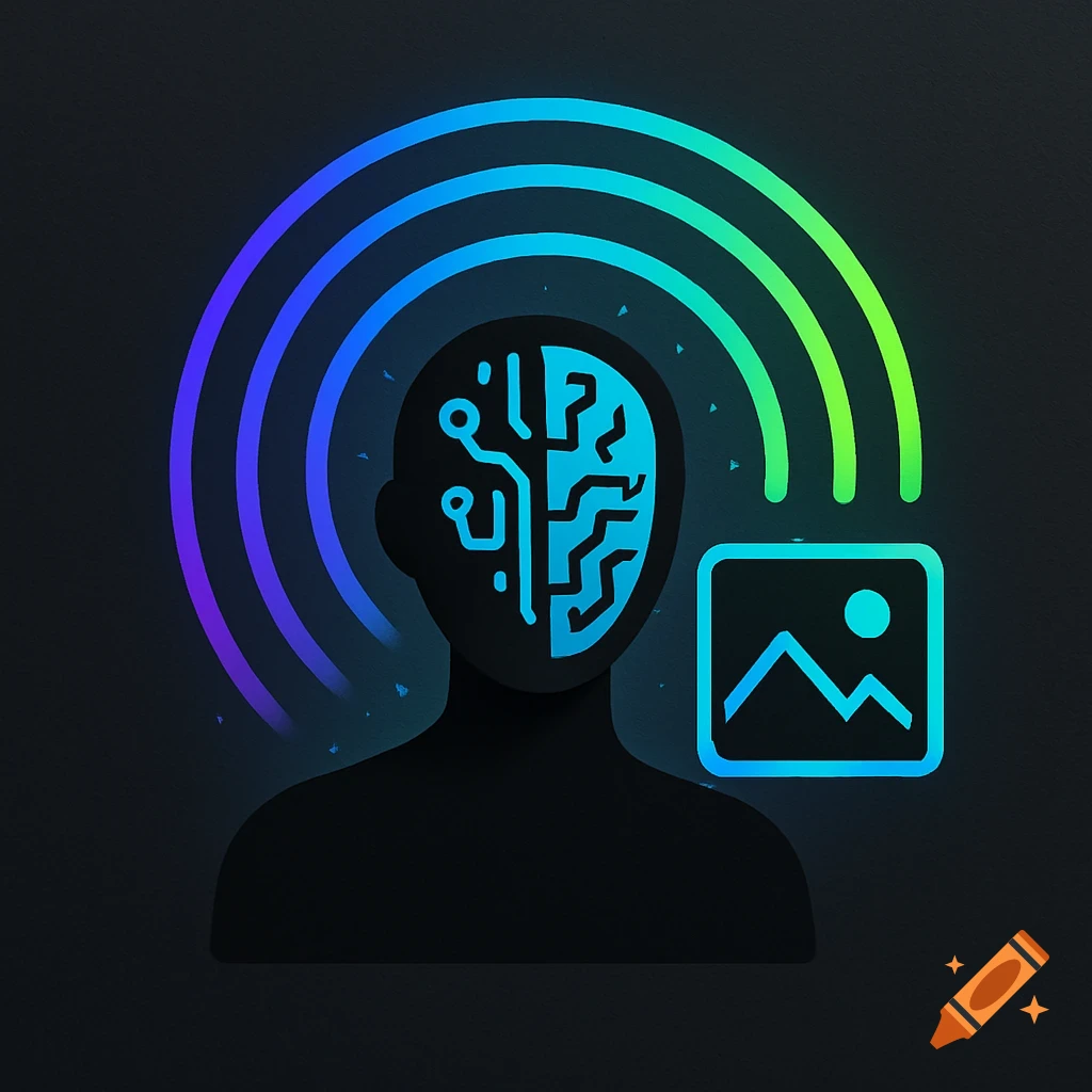 Abstract icon of a human head with a circuit board brain and glowing rainbow arcs, next to an image icon, symbolizing AI visual content.