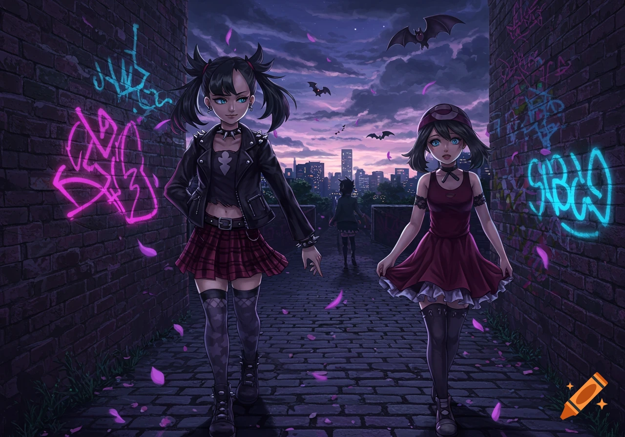Two anime girls, one goth-punk, one in red dress, walk in a dark, graffiti-covered urban alley with bats flying under a purple sky.