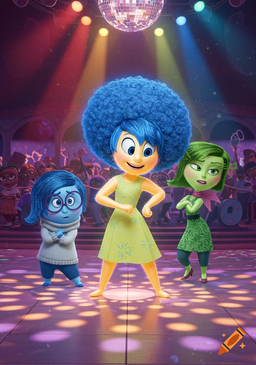 Joy, Sadness, and Disgust from Inside Out with Afro hairstyles dance at a colorful disco party under a disco ball.