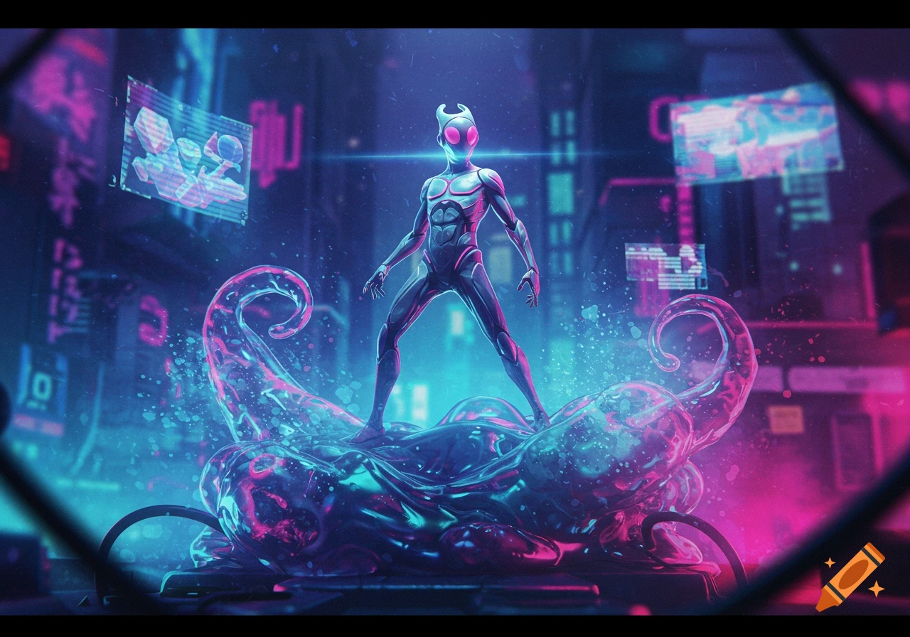 A futuristic figure in a sleek suit stands on glowing pink and blue liquid in a neon-lit cyberpunk city.