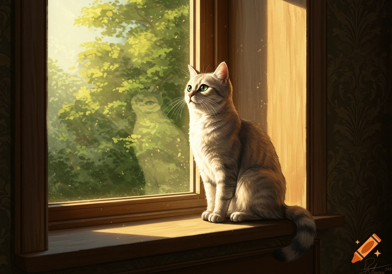 A striped tabby cat sits on a sunlit windowsill, gazing out at green trees, in a digital painting.