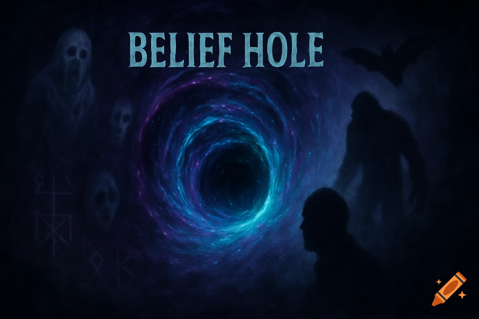 Text 'BELIEF HOLE' over a swirling blue-purple vortex with shadowy ghosts, a bat, Bigfoot, and a human profile.