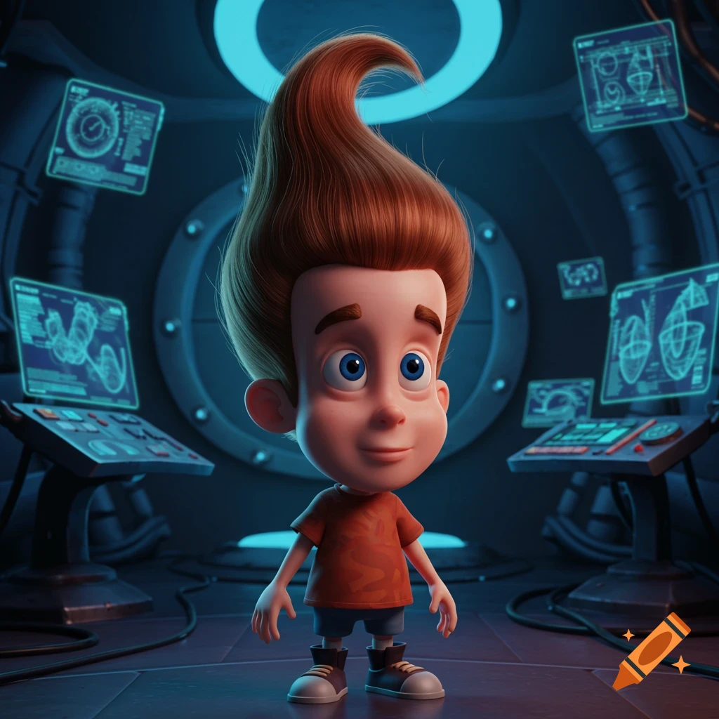 3D render of Jimmy Neutron with skin-like hair, standing in a futuristic blue-lit science lab with glowing screens.