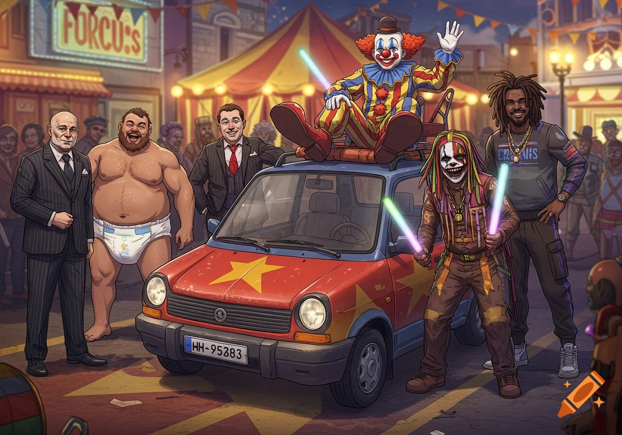 Cartoon image of a diverse group including a clown, a bald man, a man in a diaper, a juggalo, and a black man gathered around a small car decorated with stars, at a carnival at night.