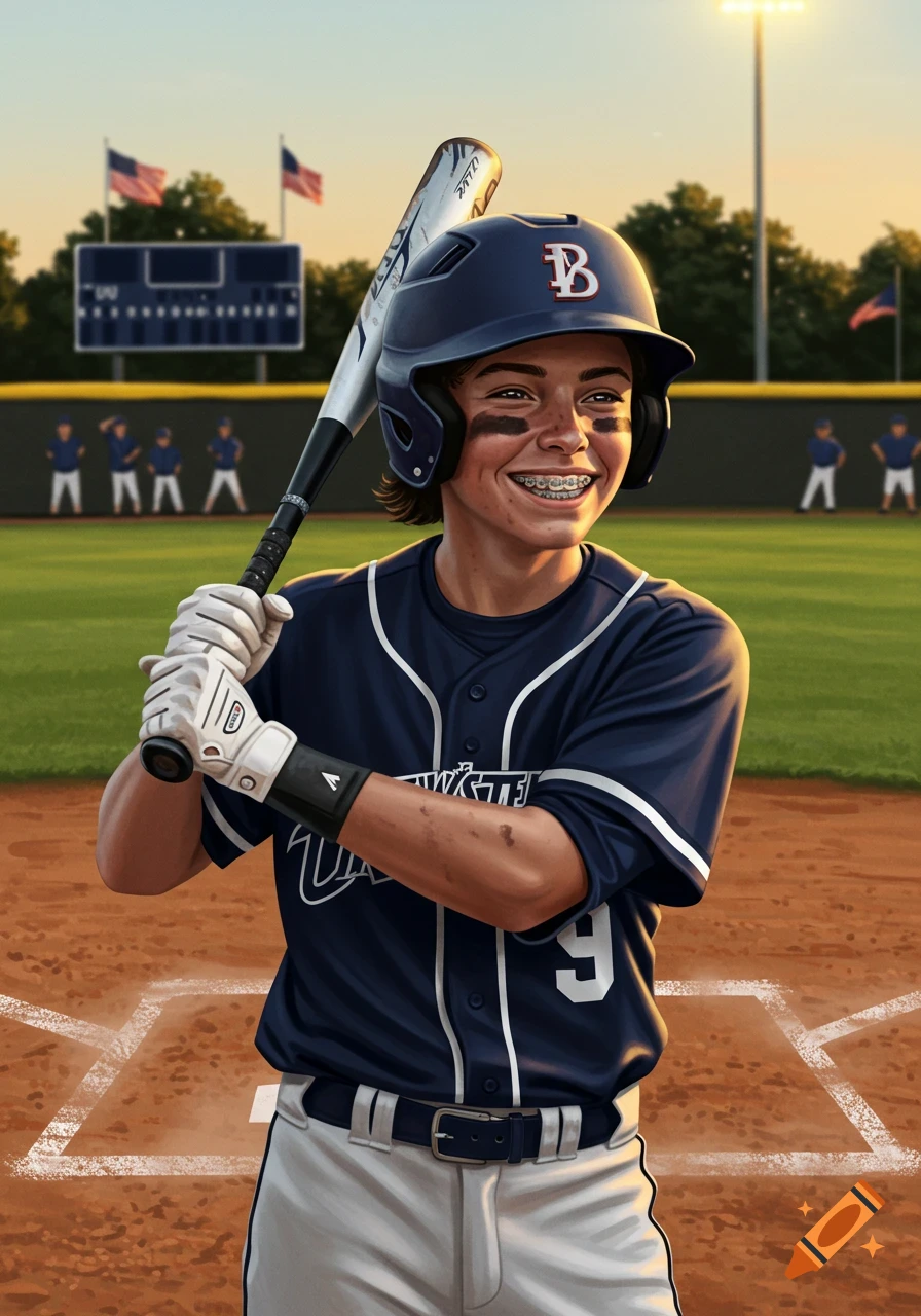 A smiling young baseball player in a navy uniform with braces and eye black holds a bat on a dirt field.