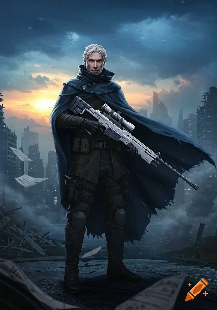 A gray-haired man in a blue cloak and tactical gear holds a sniper rifle in a ruined city at sunset, in an illustrated style.