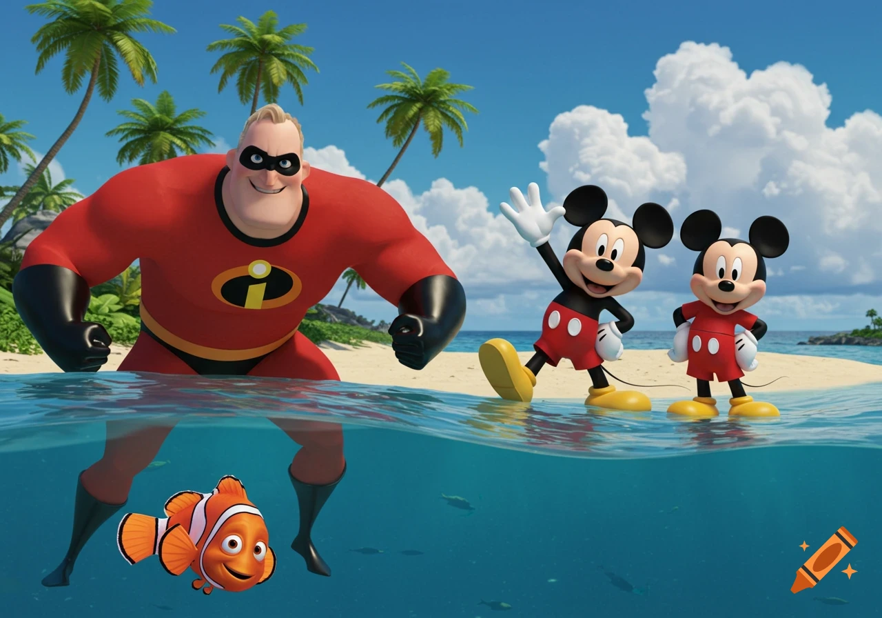 CGI animation of Mr. Incredible partially submerged in tropical water, Nemo swimming, and two Mickey Mouses on a sunny beach.