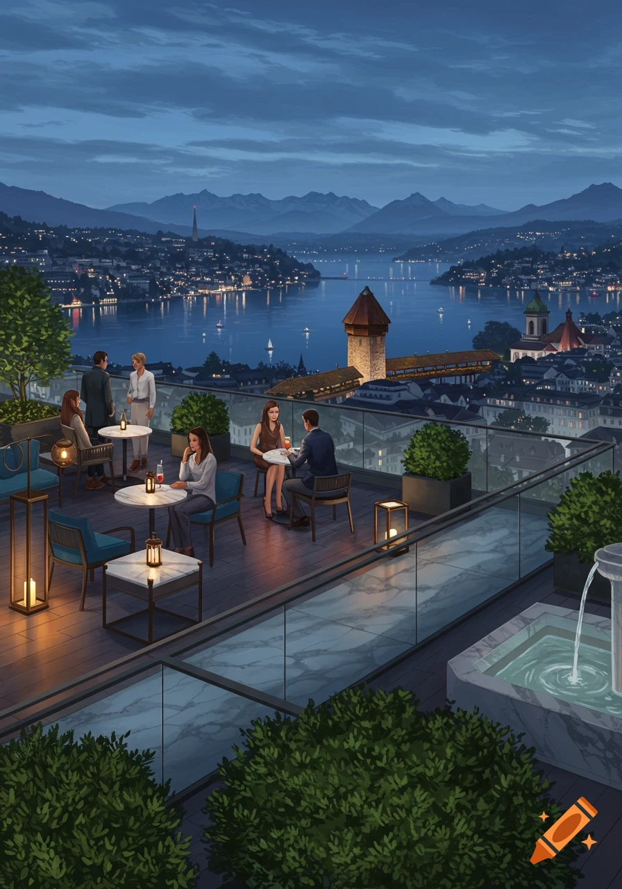 Digital painting of people enjoying drinks on a rooftop bar overlooking a lit-up cityscape, lake, and mountains at dusk.