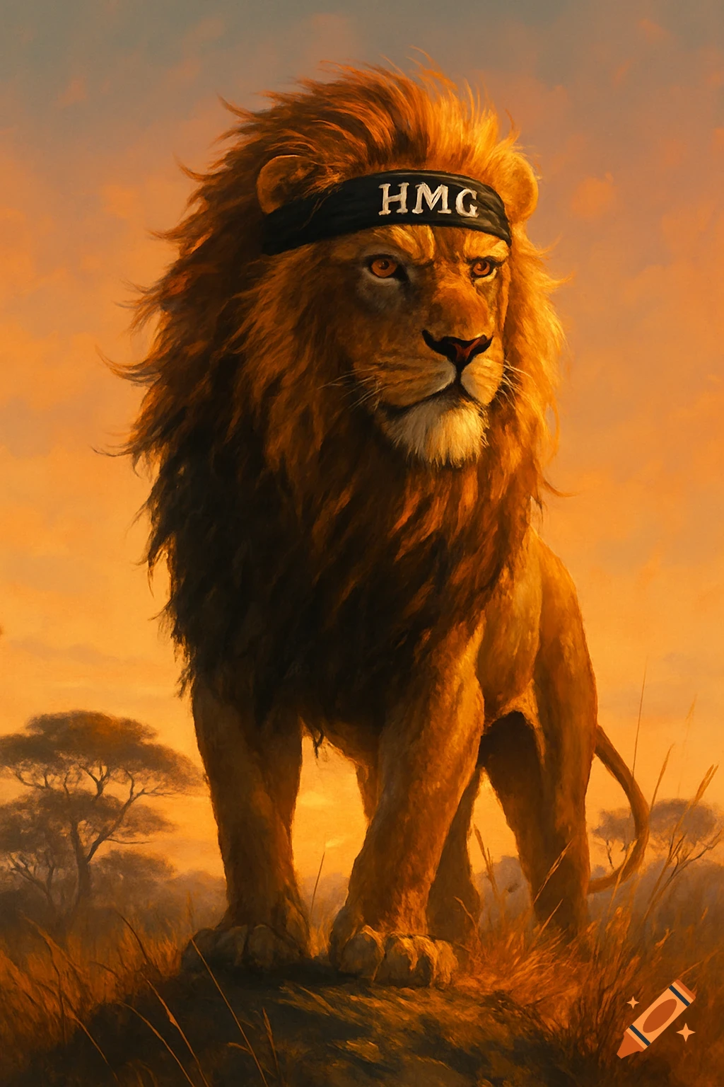 A majestic male lion wearing a black headband with 'HMG' stands proudly in a sun-drenched African savanna at sunset.
