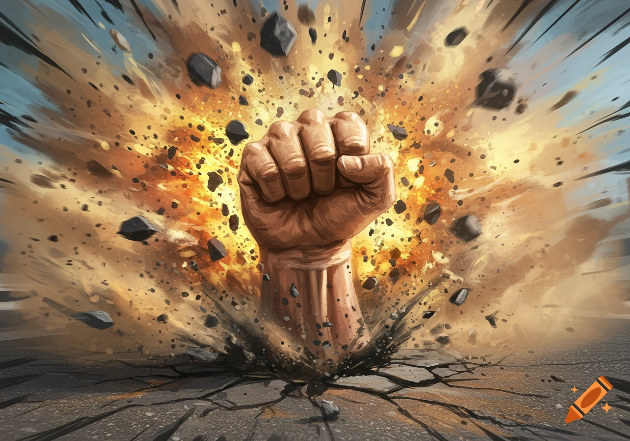 A powerful clenched fist smashes through the ground, creating a dynamic explosion of rock and dust in an illustrative style.