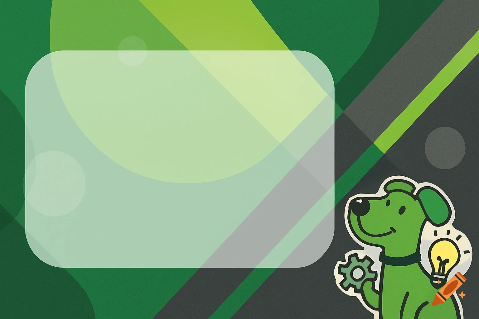 Green cartoon dog mascot with a gear and lightbulb on an abstract green and gray background with a transparent text box.