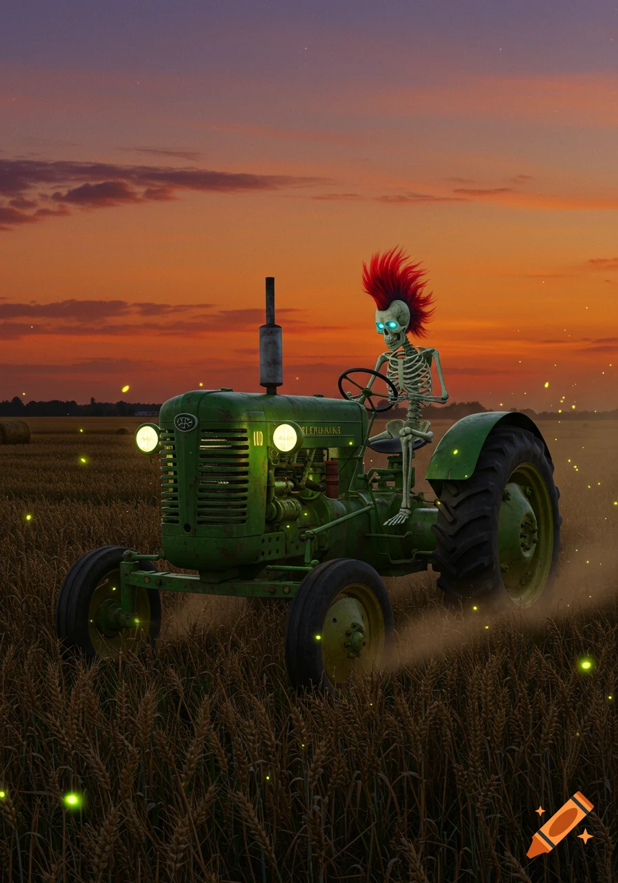 A skeleton with a red mohawk and glowing blue eyes drives a green vintage tractor through a golden wheat field at sunset, with fireflies shimmering around.