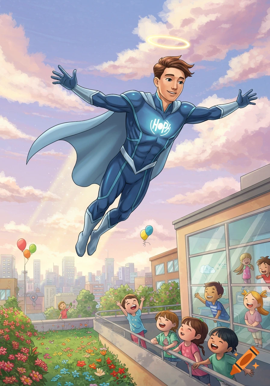 A cartoon superhero in a blue suit with 'Hopy' on his chest flies over a building with happy children waving from a rooftop garden.