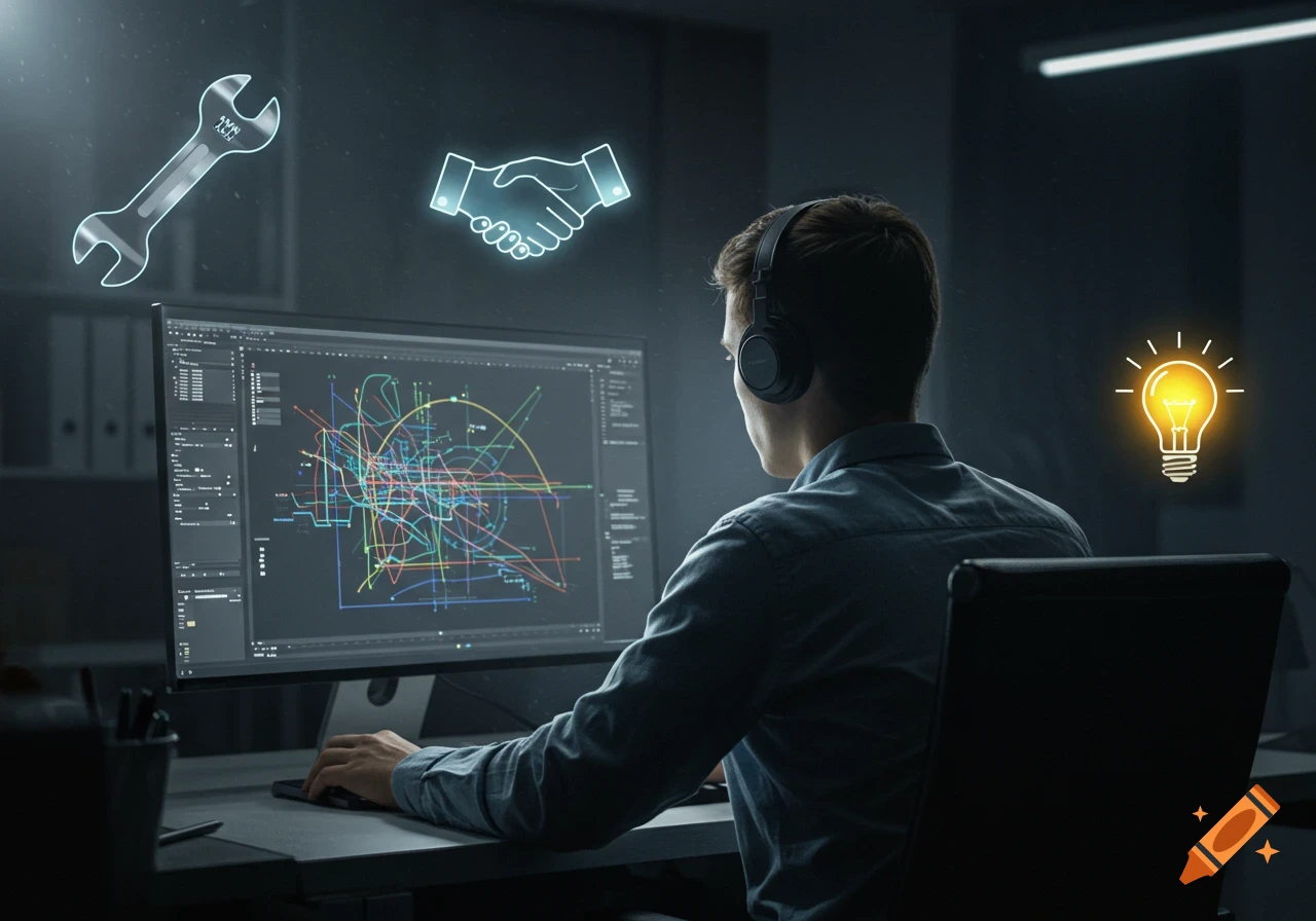 A designer wearing headphones works at a computer in a dark room, with holographic icons of a wrench, a handshake, and a light bulb floating around the screen.