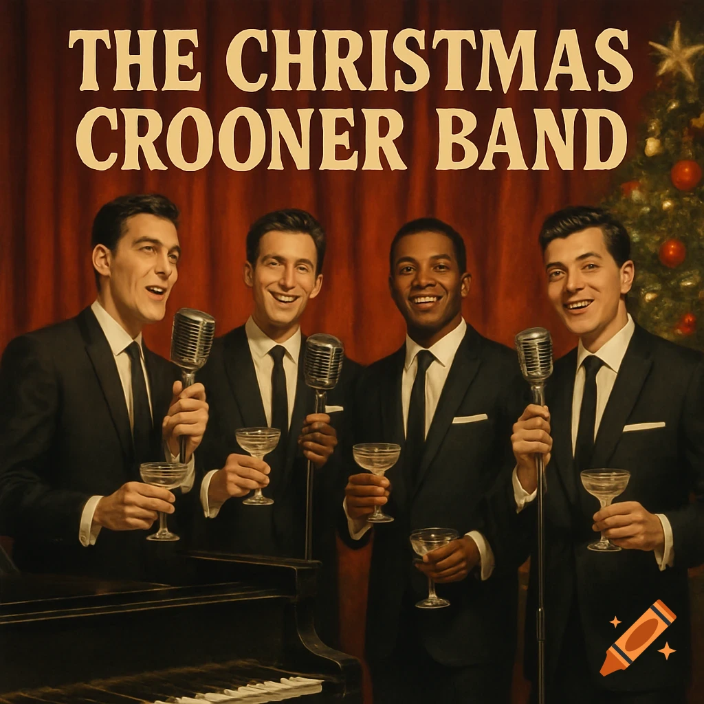 Four men in black suits hold microphones and champagne glasses, standing by a piano and Christmas tree on a vintage album cover.