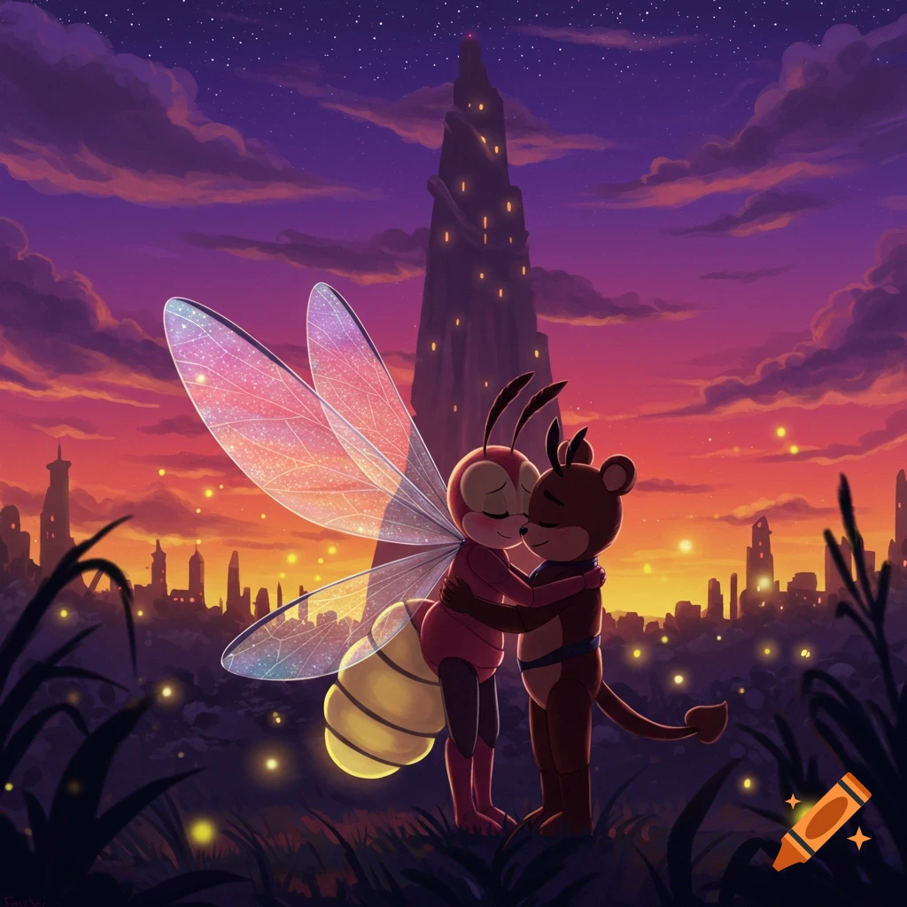 Cartoon firefly and bear-like creature hugging and kissing against a vibrant sunset sky with a fantasy city and glowing fireflies.