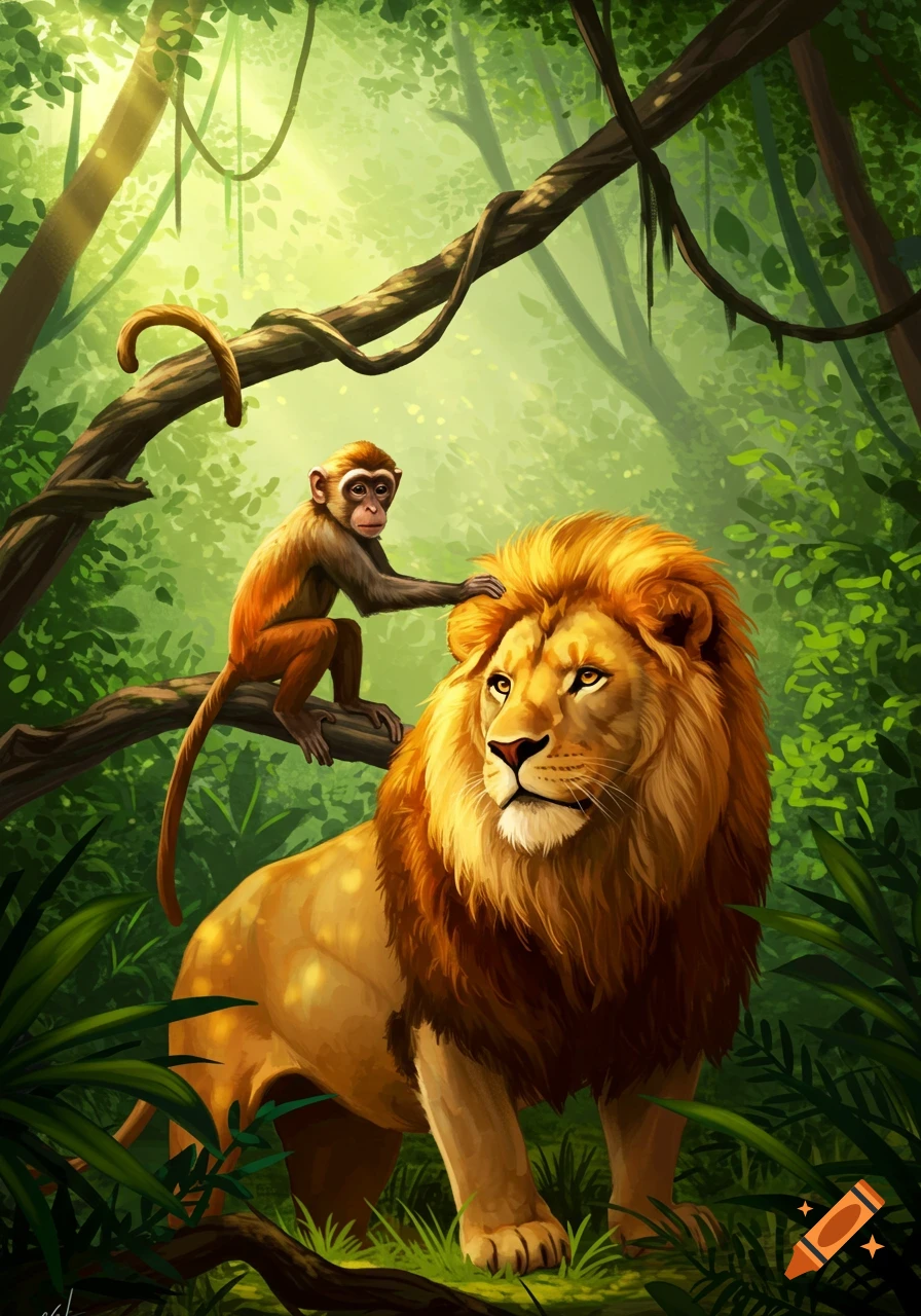 A monkey on a tree branch gently touches a large lion's mane in a lush, sunlit jungle illustration.